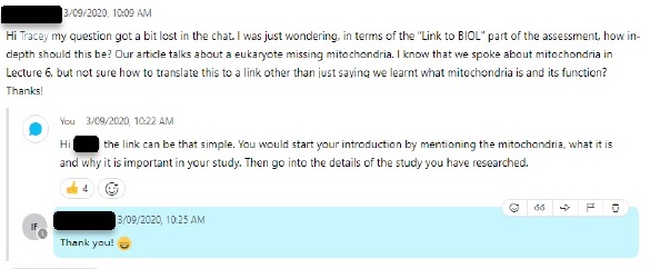 Screenshot of a Webex chat showing students following up with Subject Coordinator to clarify their understanding after a live session.